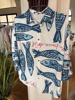 Women's Whimsical White Button-Up 3/4 sleeve Blouse with Blue Fish Print